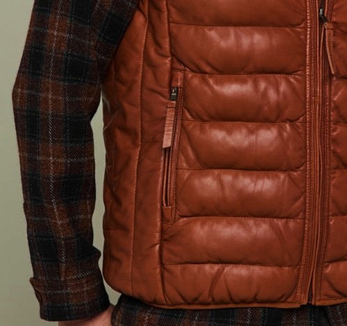 Tan Brown Leather Puffer Vest with Zipper Closure and Two Zipp Closure Front Pockets