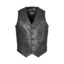 Front view of a mens leather motorcycle vest in black with snap buttons and a sleek club-style collar.
