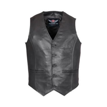 Front view of a mens leather motorcycle vest in black with snap buttons and a sleek club-style collar.