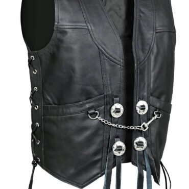 Black Leather Vest with Concho Chain on Front