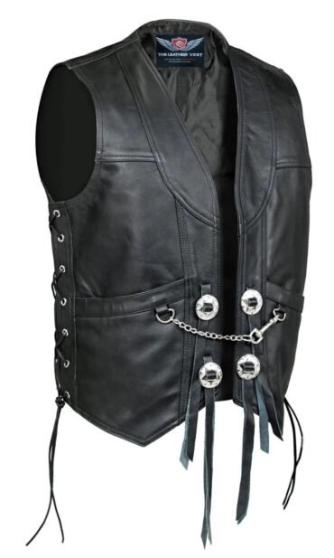 Black Leather Vest with Concho Chain on Front