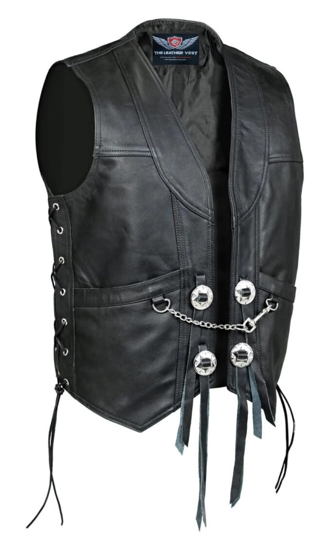 Black Leather Vest with Concho Chain on Front