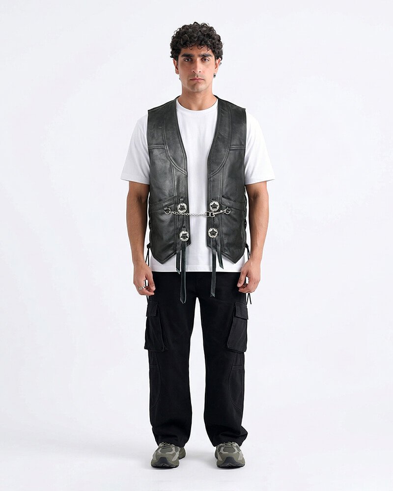 Men's black leather biker vest featuring decorative silver conchos and adjustable side lacing for a custom fit.