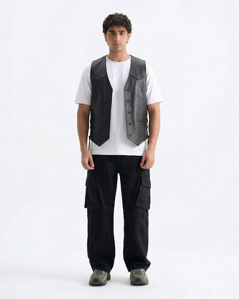 Men's black lightweight leather vest crafted from real soft cowhide with a classic button closure.