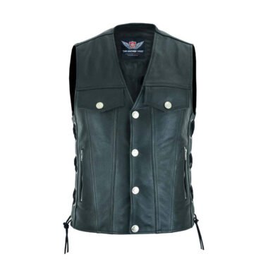 Close-up of a sleek black womens leather vest showing durable vertical chest snap closure and smooth texture.