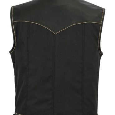 Black denim motorcycle vest with adjustable side waist belt