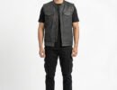 Collarless denim and leather motorcycle club vest with a single panel back and hidden concealed carry pockets.