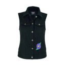 Front view of a stylish womens denim vest featuring detailed custom embroidery and a classic metal snap closure.