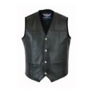 A classic black leather motorcycle vest featuring an asymmetrical front snap closure, snap lapels, and multiple pockets.