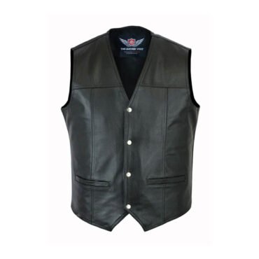 A classic black leather motorcycle vest featuring an asymmetrical front snap closure, snap lapels, and multiple pockets.