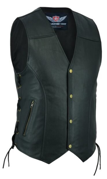 Leather Motorcycle Vest for women with brass closure snap buuttons