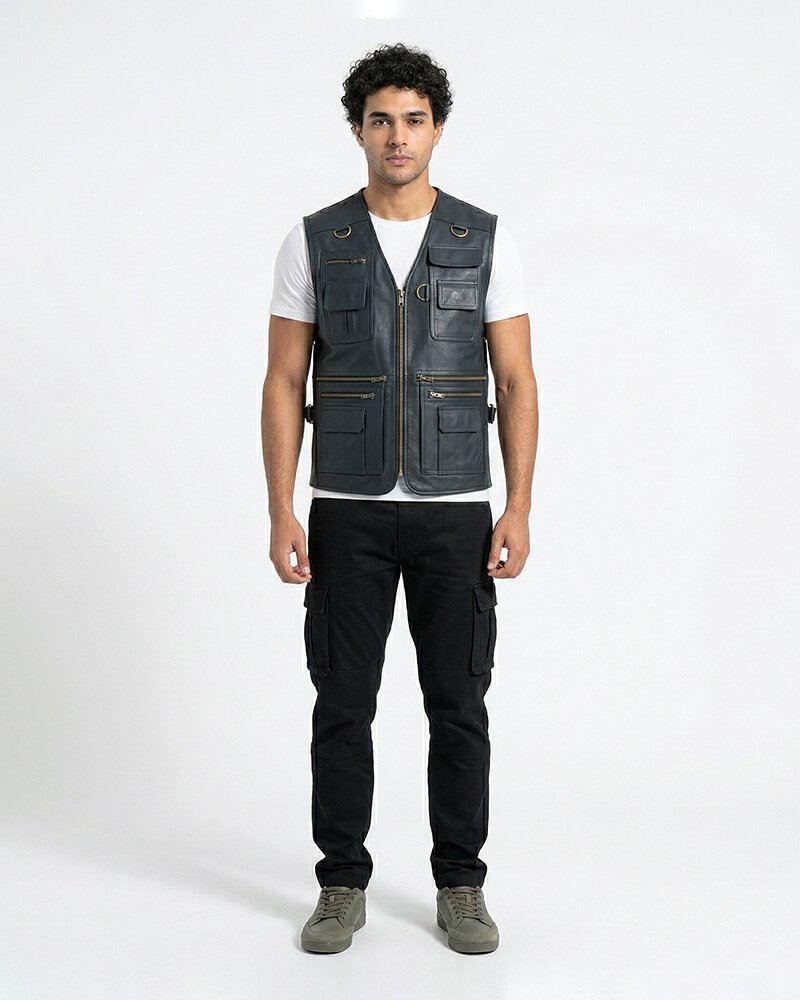 Men's black leather utility vest featuring multiple storage pockets, a zipper closure, and adjustable side straps.