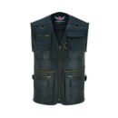 A black leather motorcycle vest featuring front utility pockets and adjustable side laces for a custom fit.