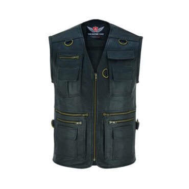 A black leather motorcycle vest featuring front utility pockets and adjustable side laces for a custom fit.