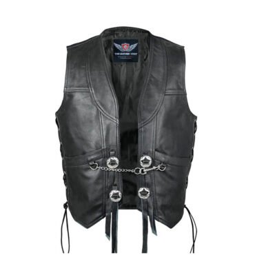 Black leather motorcycle vest with silver conchos and side laces for adjustable fit.