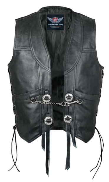 Black Outlaw Biker Vest with Conchos and Chrome Chain with Clip at front