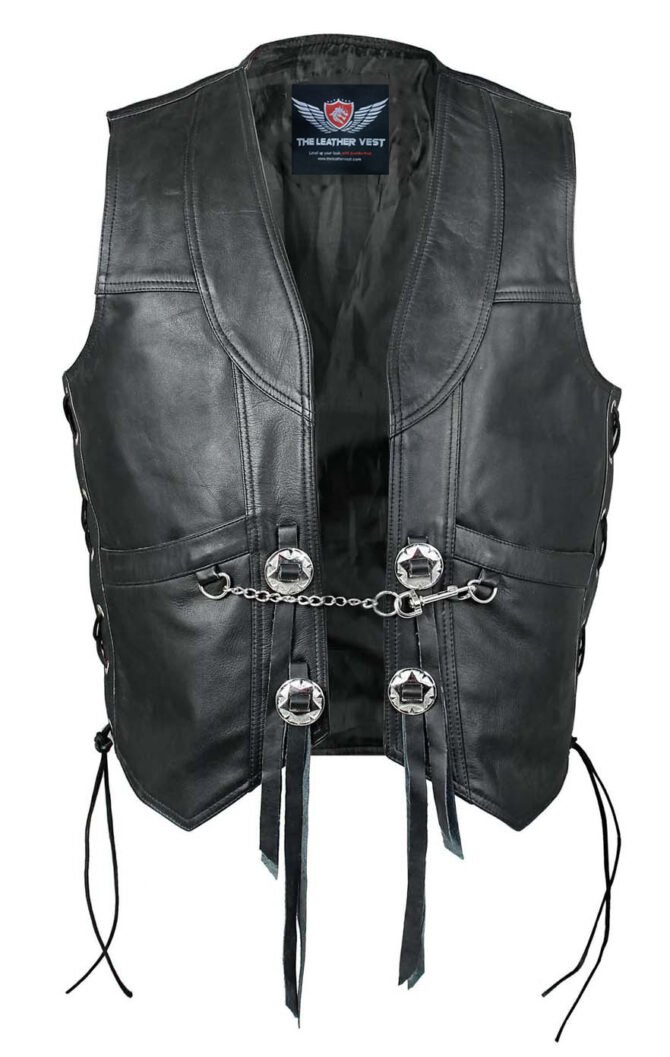 Black Outlaw Biker Vest with Conchos and Chrome Chain with Clip at front