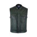 Black perforated leather motorcycle vest featuring a front closure and breathable design for comfortable warm weather riding.