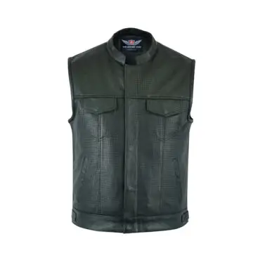Black perforated leather motorcycle vest featuring a front closure and breathable design for comfortable warm weather riding.