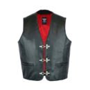 Black leather motorcycle vest featuring braided edges, front snap buttons, and adjustable side laces on a white background.