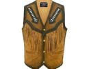 Rugged brown leather mens western vest featuring front pockets and snap closures, perfect for authentic rancher styling.