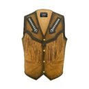 Rugged brown leather mens western vest featuring front pockets and snap closures, perfect for authentic rancher styling.
