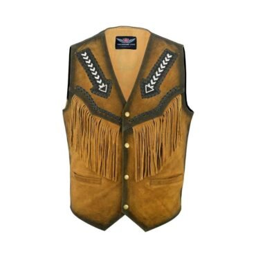 Rugged brown leather mens western vest featuring front pockets and snap closures, perfect for authentic rancher styling.