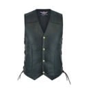 Premium black womens motorcycle vest leather featuring adjustable side laces and secure front snap button closure.