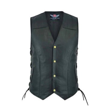 Premium black womens motorcycle vest leather featuring adjustable side laces and secure front snap button closure.