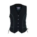 Woman wearing a light wash denim vest top with button-down front and classic collar in a casual western style.