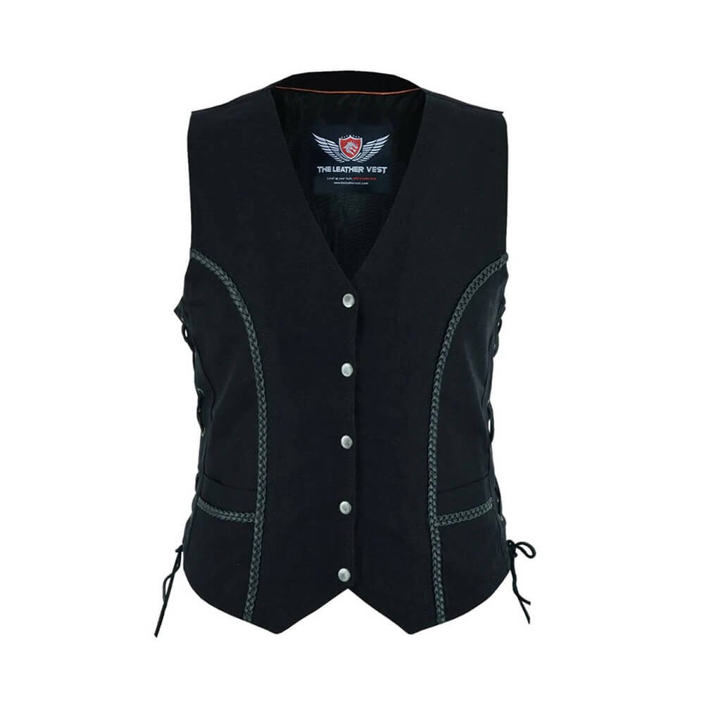 Woman wearing a light wash denim vest top with button-down front and classic collar in a casual western style.