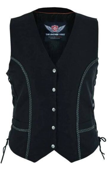 Concealed Carry Denim Vest Top for Women with Leather Braiding Design