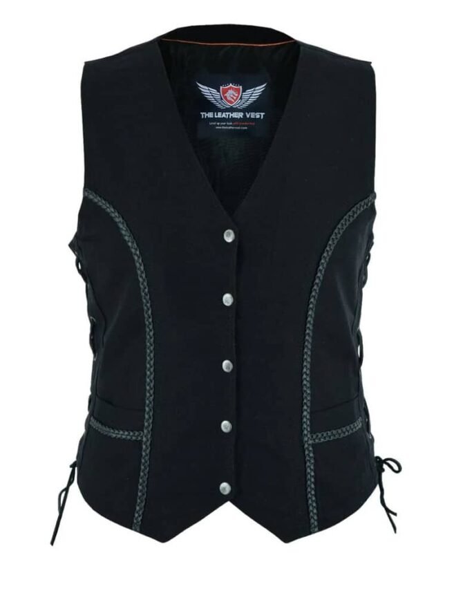 Concealed Carry Denim Vest Top for Women with Leather Braiding Design