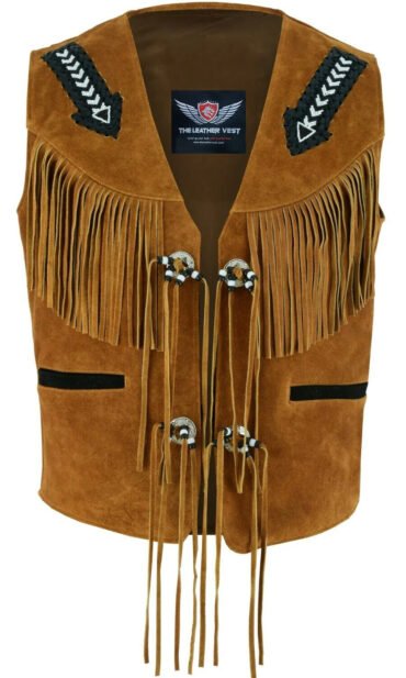 Brown Western Leather Vest with Fringe Tassels and Bead Work