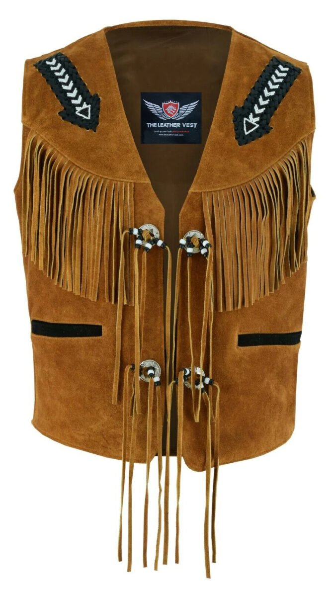 Brown Western Leather Vest with Fringe Tassels and Bead Work