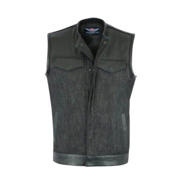 Premium denim jean vest mens designed for motorcycle riding, featuring durable stitching and a classic rugged biker style.