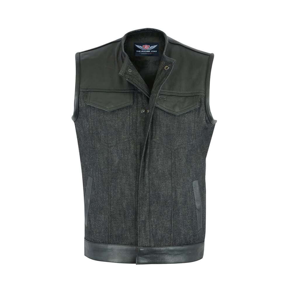 Premium denim jean vest mens designed for motorcycle riding, featuring durable stitching and a classic rugged biker style.