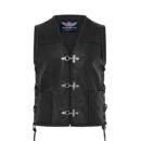 Woman wearing a black leather motorcycle vest with asymmetrical zippers and snap lapels in a classic biker style.