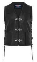 Womens leather motorcycle vest with fish hook buckle fastening