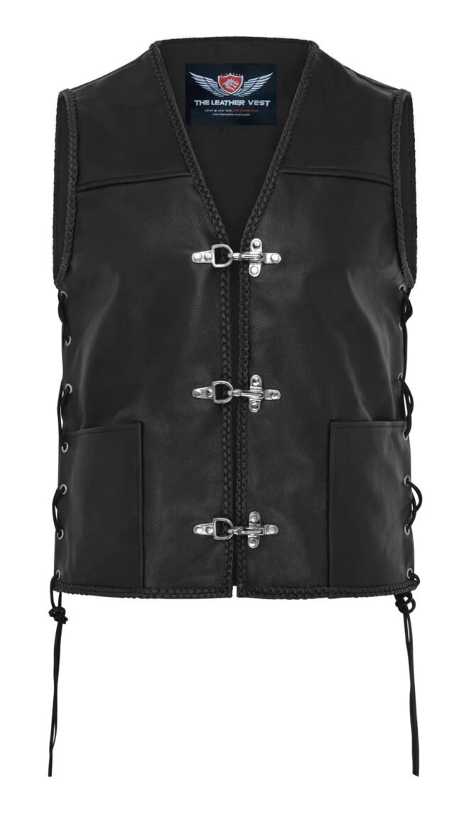 Womens leather motorcycle vest with fish hook buckle fastening