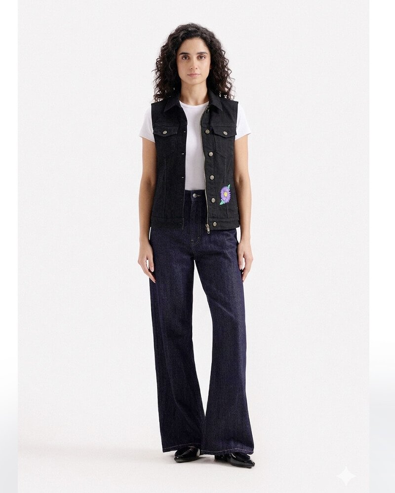 Women's black denim vest with purple daisy floral embroidery on the front and back, featuring a snap-down collar.