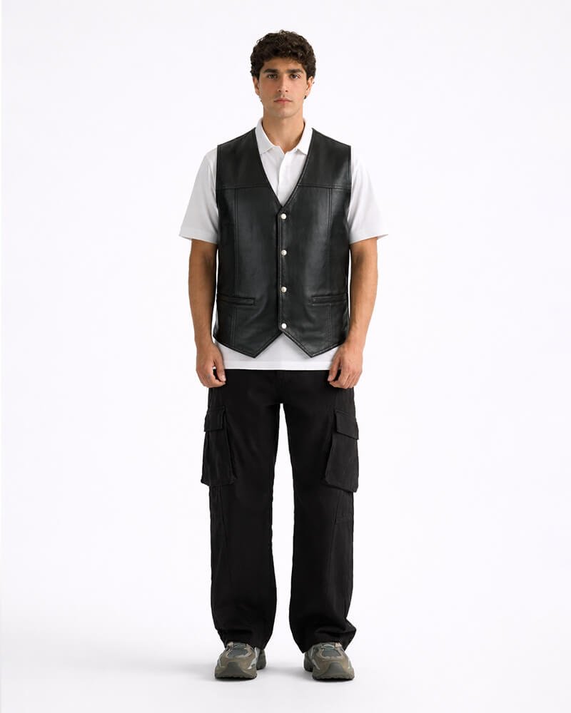 Men's leather biker vest in black split leather featuring a large eagle design on the back and four stud fasteners.