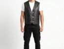 Black leather biker motorcycle vest with detailed braided edges and three silver fish-hook buckle fasteners.