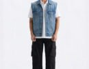 Blue denim motorcycle vest with protective Kevlar lining, heavy-duty YKK zipper, and four front pockets.