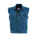 A classic blue denim motorcycle vest for men featuring brass metal snaps and a traditional pointed collar.