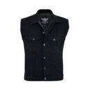 Men's black denim vest for motorcycle riding featuring a Kent collar and hidden snap front buttons.