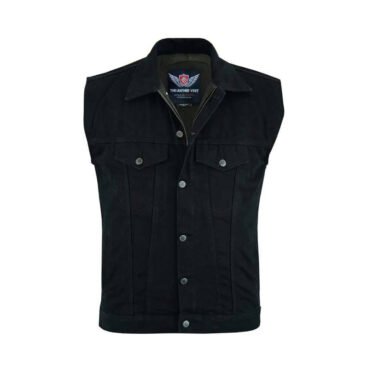 Men's black denim vest for motorcycle riding featuring a Kent collar and hidden snap front buttons.