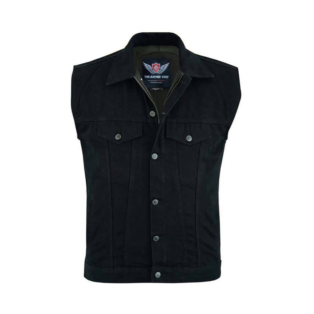 Men's black denim vest for motorcycle riding featuring a Kent collar and hidden snap front buttons.