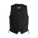 Rugged black denim motorcycle club vest for men featuring button-down front and classic chest pockets.