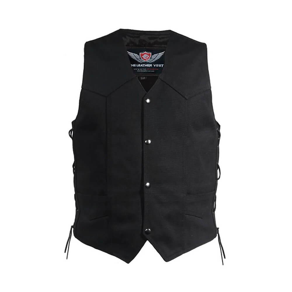 Rugged black denim motorcycle club vest for men featuring button-down front and classic chest pockets.